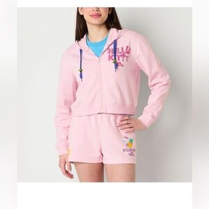 Womens Hello Kitty Pink Long Sleeve Hooded Full Zip Cropped Casual Jacket M
